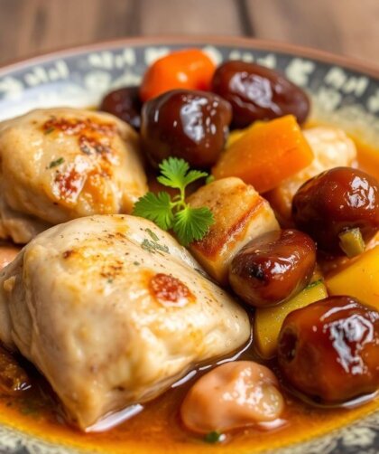 Арабская курица, тушенная с финиками, овощами и миндалем — рецепт в тагине