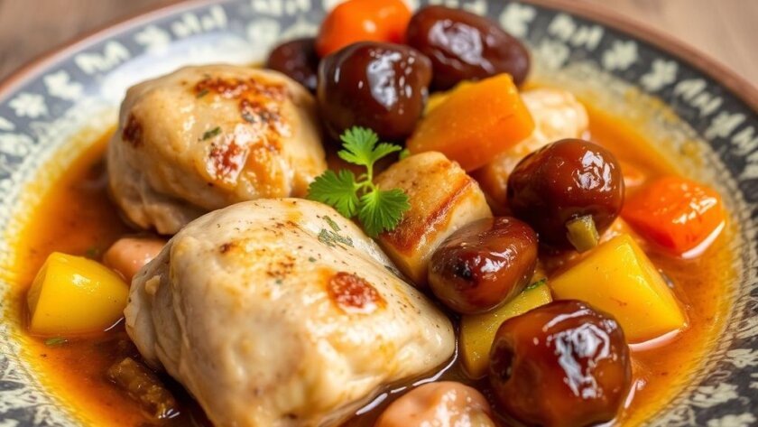 Арабская курица, тушенная с финиками, овощами и миндалем — рецепт в тагине